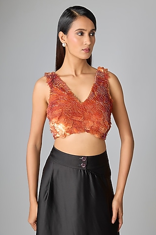 Copper Cotton Sequins Hand Embroidered V-Neck Blouse by 431-88 By Shweta Kapur