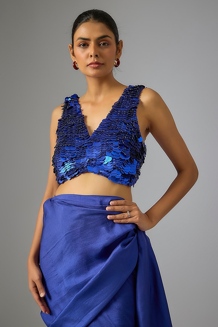 Blue Cotton Sequins Hand Embroidered V-Neck Blouse by 431-88 By Shweta Kapur at Pernia's Pop Up Shop