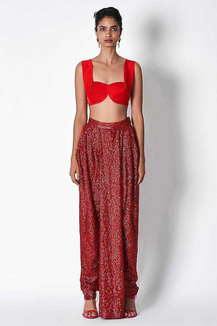 Red Sequins Dhoti Skirt by 431-88 By Shweta Kapur at Pernia's Pop Up Shop
