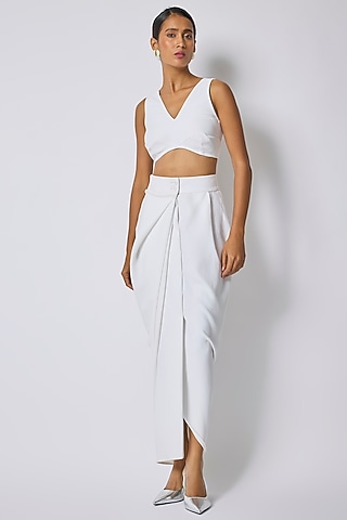 White Japanese Crepe Skirt by 431-88 By Shweta Kapur