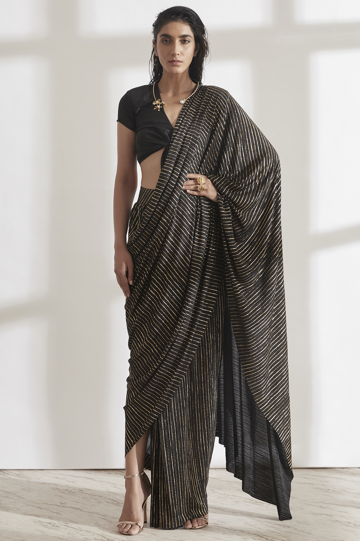 Charcoal Pleated Polyester Draped Party Wear Saree by 431-88 By Shweta Kapur at Pernia's Pop Up Shop