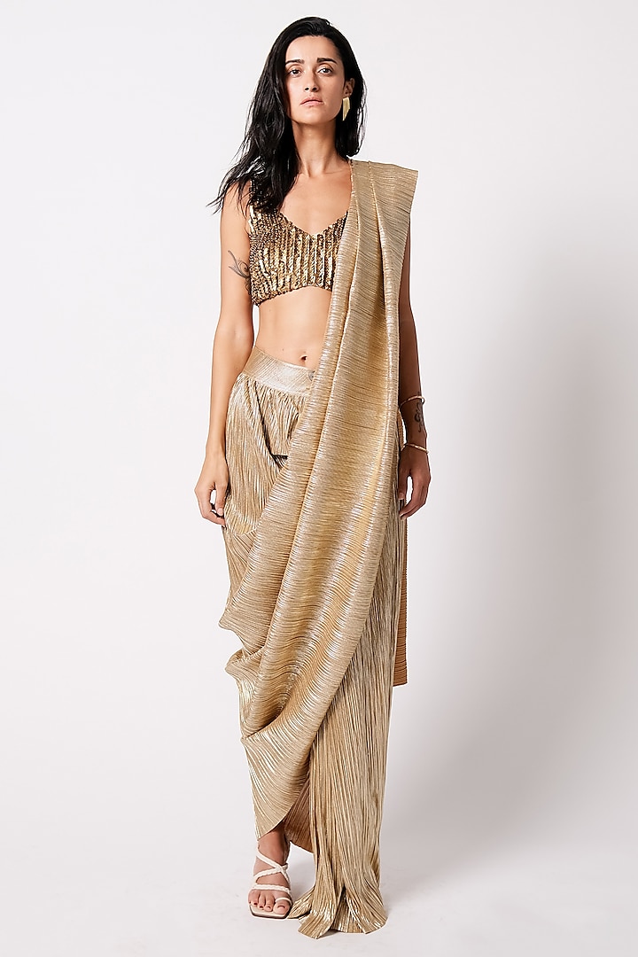 Chocolate Gold Pleated Metallic Party Wear Saree by 431-88 By Shweta Kapur at Pernia's Pop Up Shop