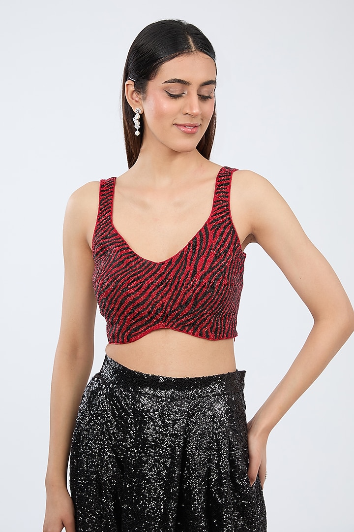 Red & Black Dupion Silk Hand Embroidered Blouse by 431-88 By Shweta Kapur at Pernia's Pop Up Shop