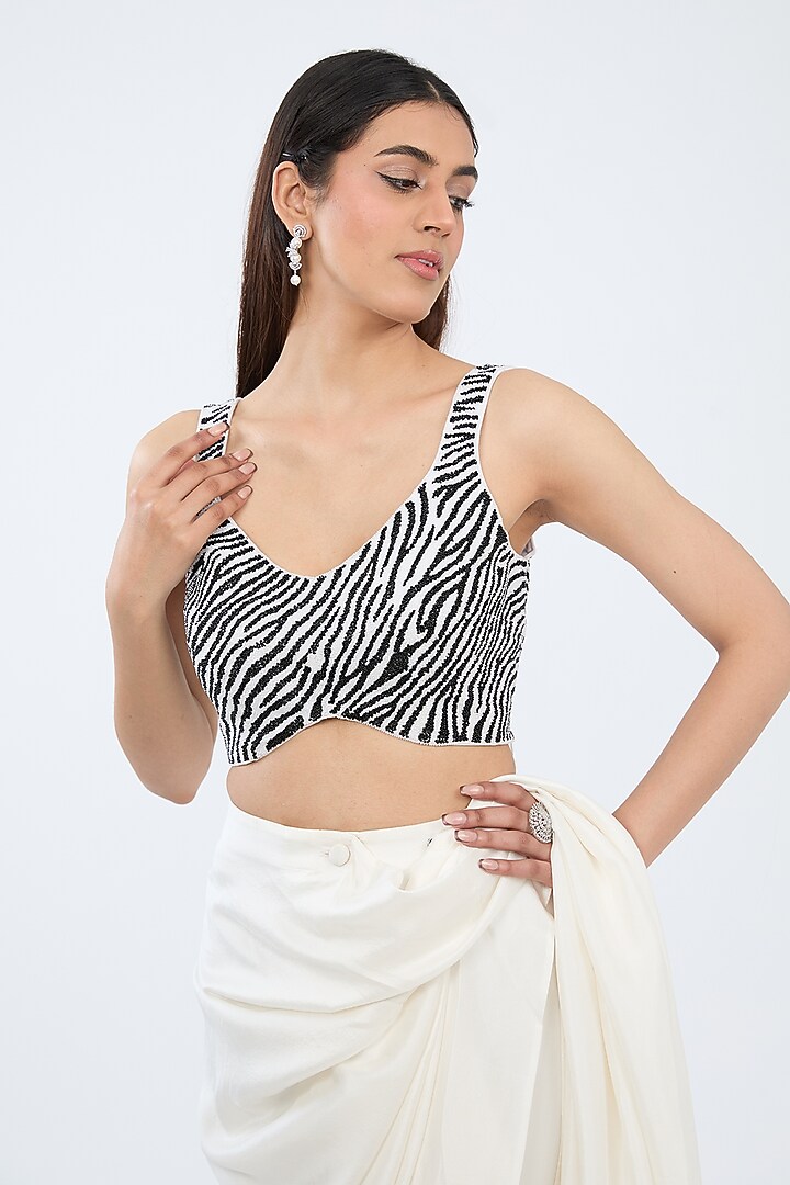 White & Black Dupion Silk Hand Embroidered Blouse by 431-88 By Shweta Kapur at Pernia's Pop Up Shop