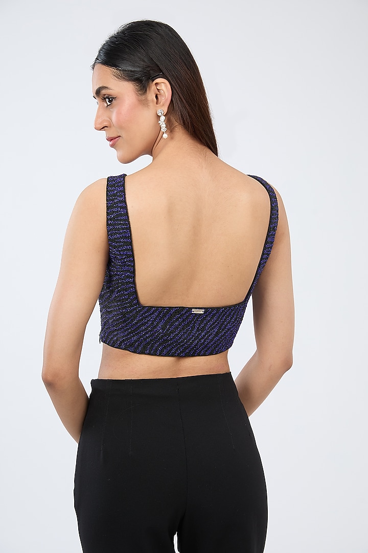 Electric Blue & Black Dupion Silk Hand Embroidered Blouse by 431-88 By Shweta Kapur at Pernia's Pop Up Shop
