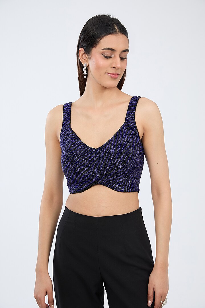 Electric Blue & Black Dupion Silk Hand Embroidered Blouse by 431-88 By Shweta Kapur at Pernia's Pop Up Shop
