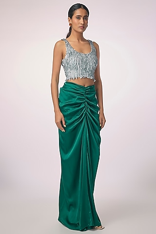 Forest Green Satin Gathered Skirt by 431-88 By Shweta Kapur