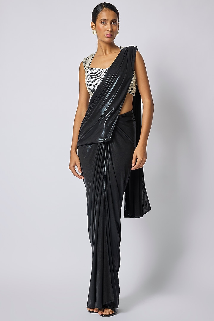 Black Metallic Jersey Draped Wedding Saree by 431-88 By Shweta Kapur at Pernia's Pop Up Shop