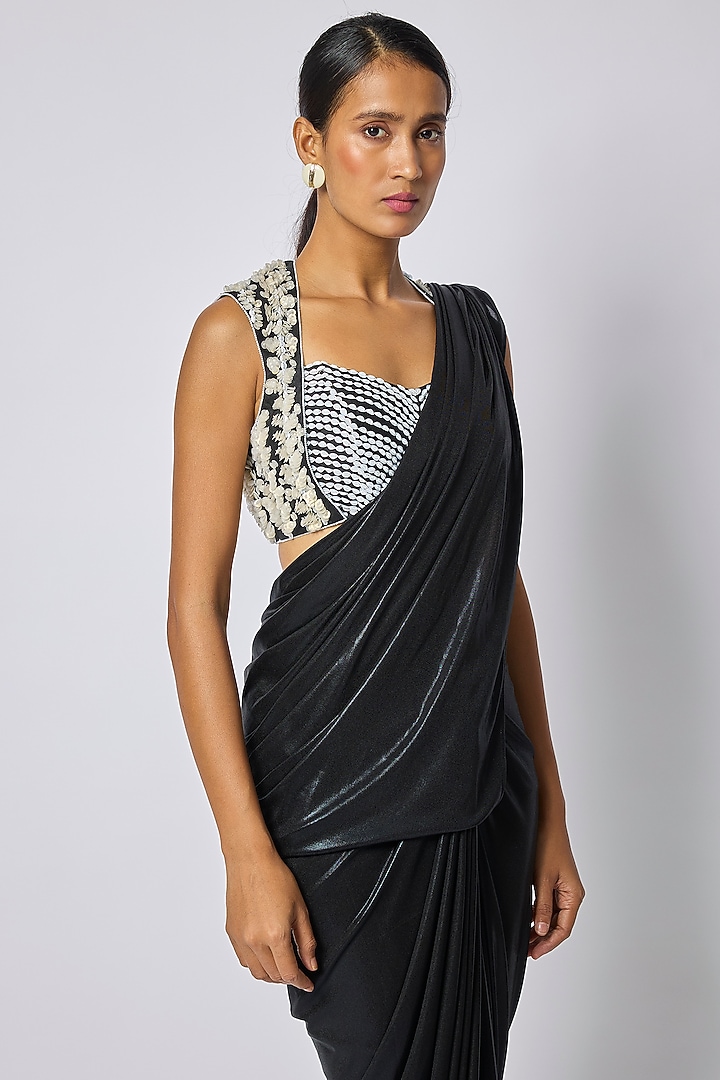 Black Metallic Jersey Draped Wedding Saree by 431-88 By Shweta Kapur at Pernia's Pop Up Shop