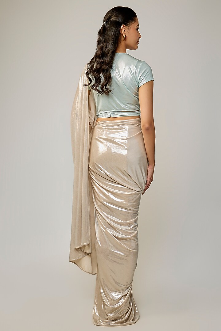 Champagne Metallic Jersey Draped Wedding Saree by 431-88 By Shweta Kapur at Pernia's Pop Up Shop