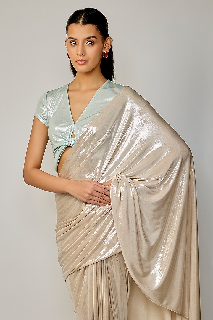 Champagne Metallic Jersey Draped Wedding Saree by 431-88 By Shweta Kapur at Pernia's Pop Up Shop
