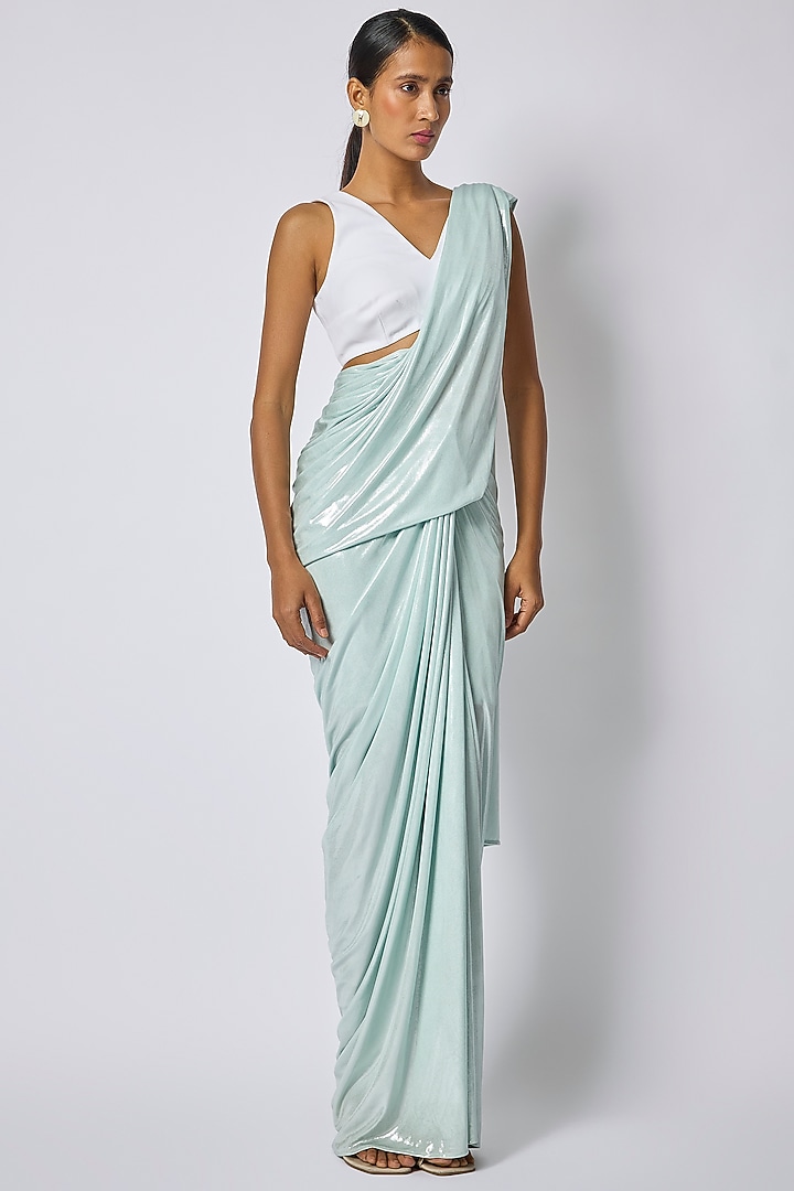 Mint Metallic Jersey Draped Wedding Saree by 431-88 By Shweta Kapur at Pernia's Pop Up Shop