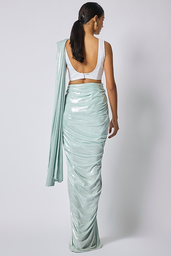 Mint Metallic Jersey Draped Wedding Saree by 431-88 By Shweta Kapur at Pernia's Pop Up Shop