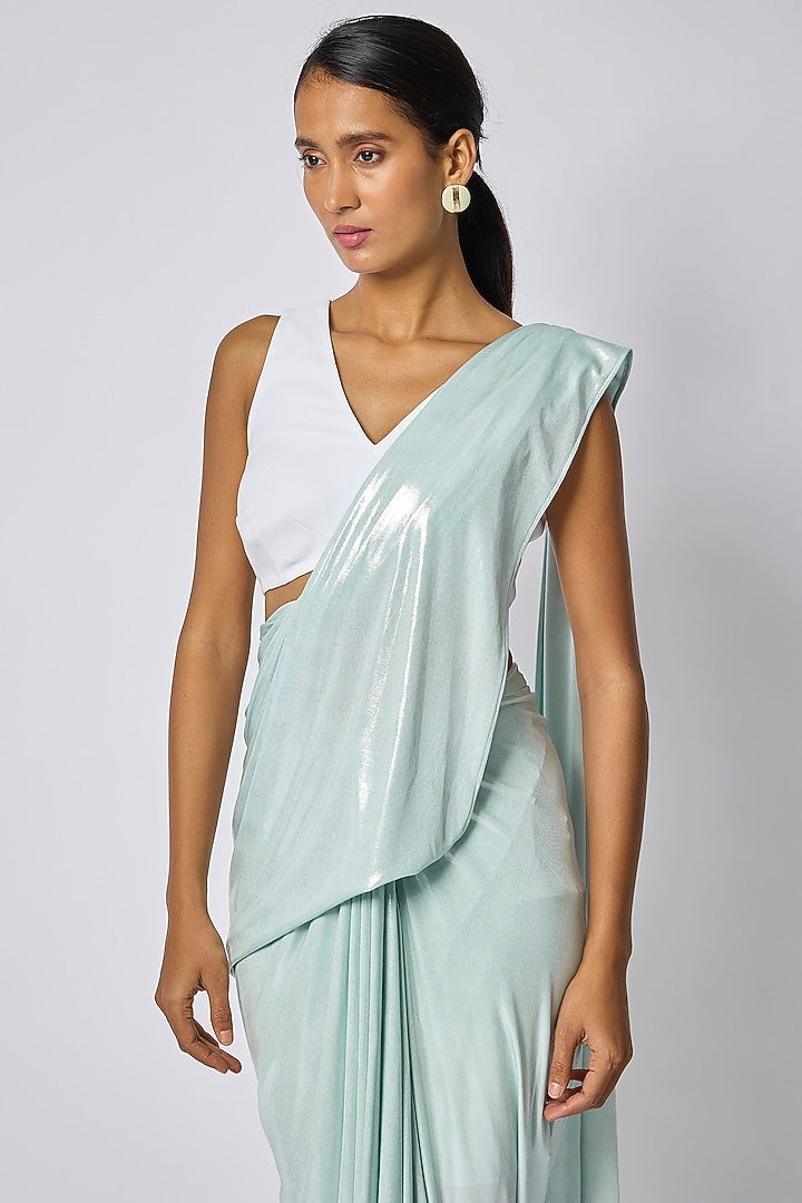 Mint Metallic Jersey Draped Wedding Saree by 431-88 By Shweta Kapur at Pernia's Pop Up Shop