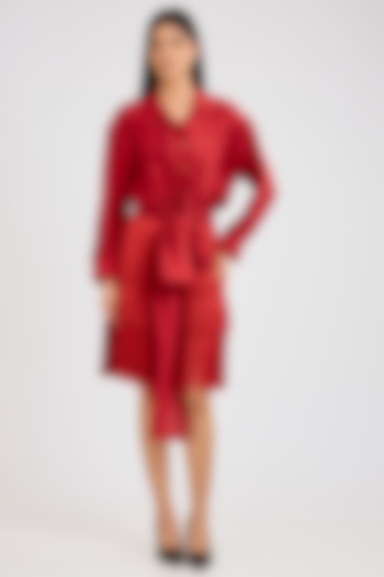 Red Silk Printed Draped Shirt by 431-88 By Shweta Kapur at Pernia's Pop Up Shop