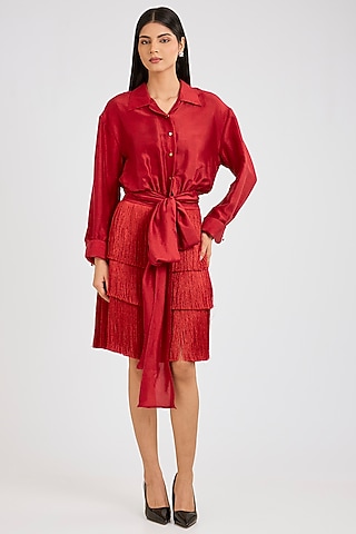 Red Silk Printed Draped Shirt by 431-88 By Shweta Kapur