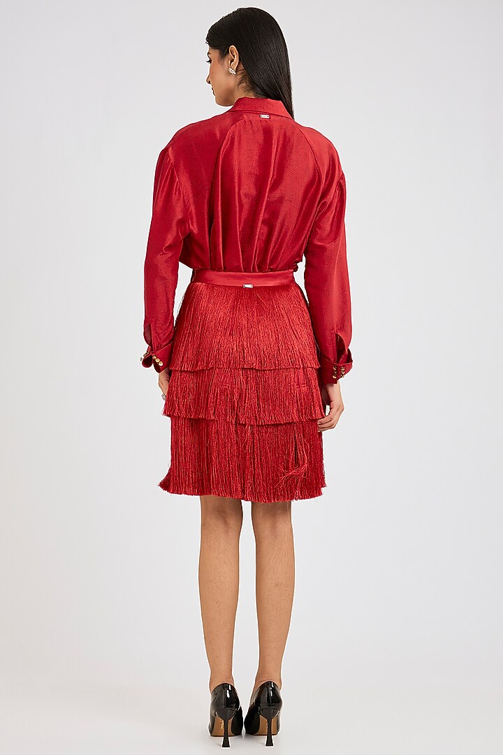 Red Silk Printed Draped Shirt by 431-88 By Shweta Kapur at Pernia's Pop Up Shop