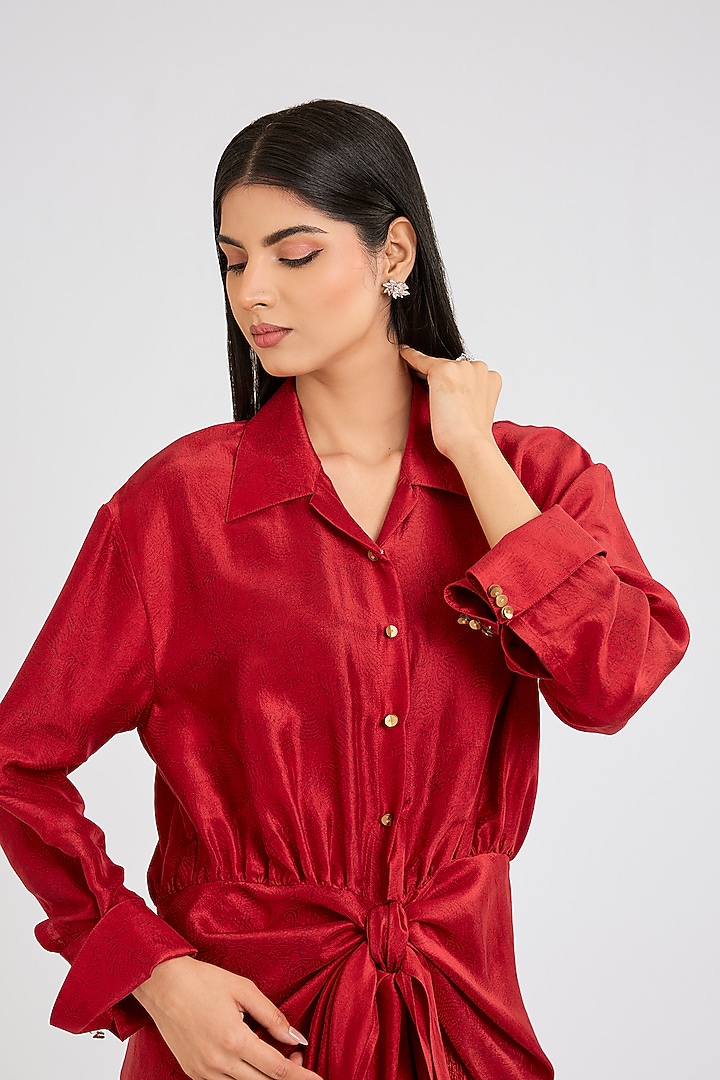 Red Silk Printed Draped Shirt by 431-88 By Shweta Kapur at Pernia's Pop Up Shop