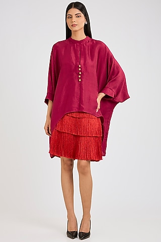 Cranberry Silk Printed Shirt by 431-88 By Shweta Kapur