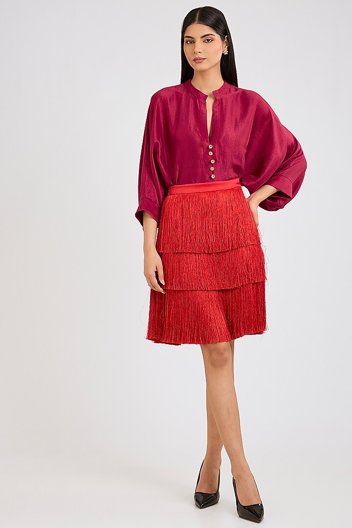 Cranberry Silk Printed Shirt by 431-88 By Shweta Kapur at Pernia's Pop Up Shop