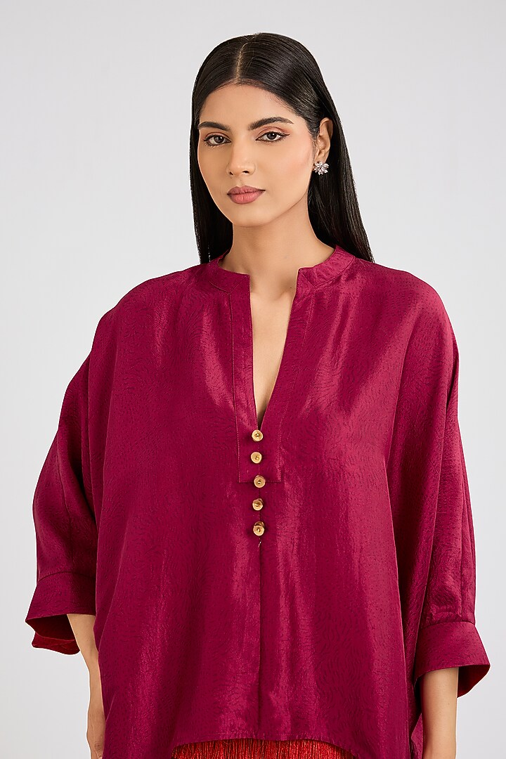 Cranberry Silk Printed Shirt by 431-88 By Shweta Kapur at Pernia's Pop Up Shop