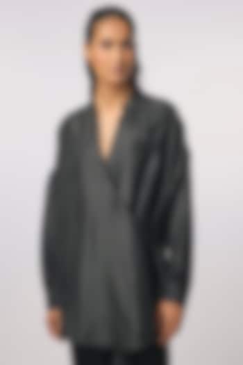 Black Silk Hand Embroidered Wrap-Style Shirt by 431-88 By Shweta Kapur at Pernia's Pop Up Shop