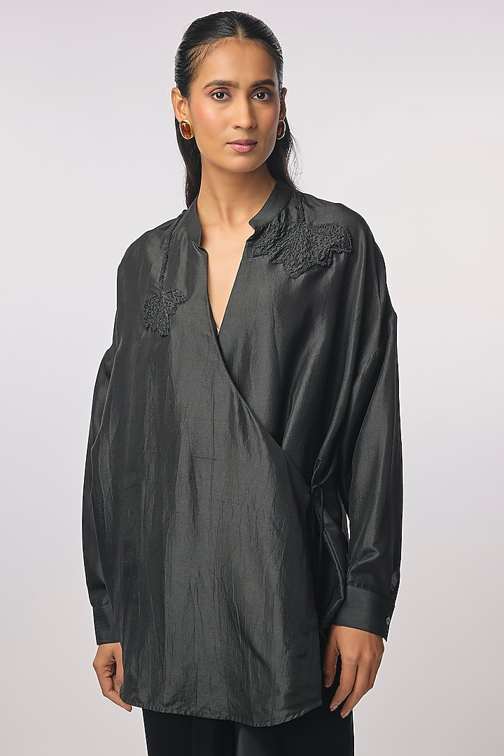 Black Silk Hand Embroidered Wrap-Style Shirt by 431-88 By Shweta Kapur at Pernia's Pop Up Shop