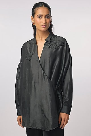 Black Silk Hand Embroidered Wrap-Style Shirt by 431-88 By Shweta Kapur