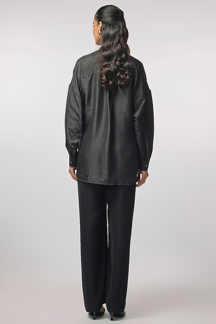 Black Silk Hand Embroidered Wrap-Style Shirt by 431-88 By Shweta Kapur at Pernia's Pop Up Shop