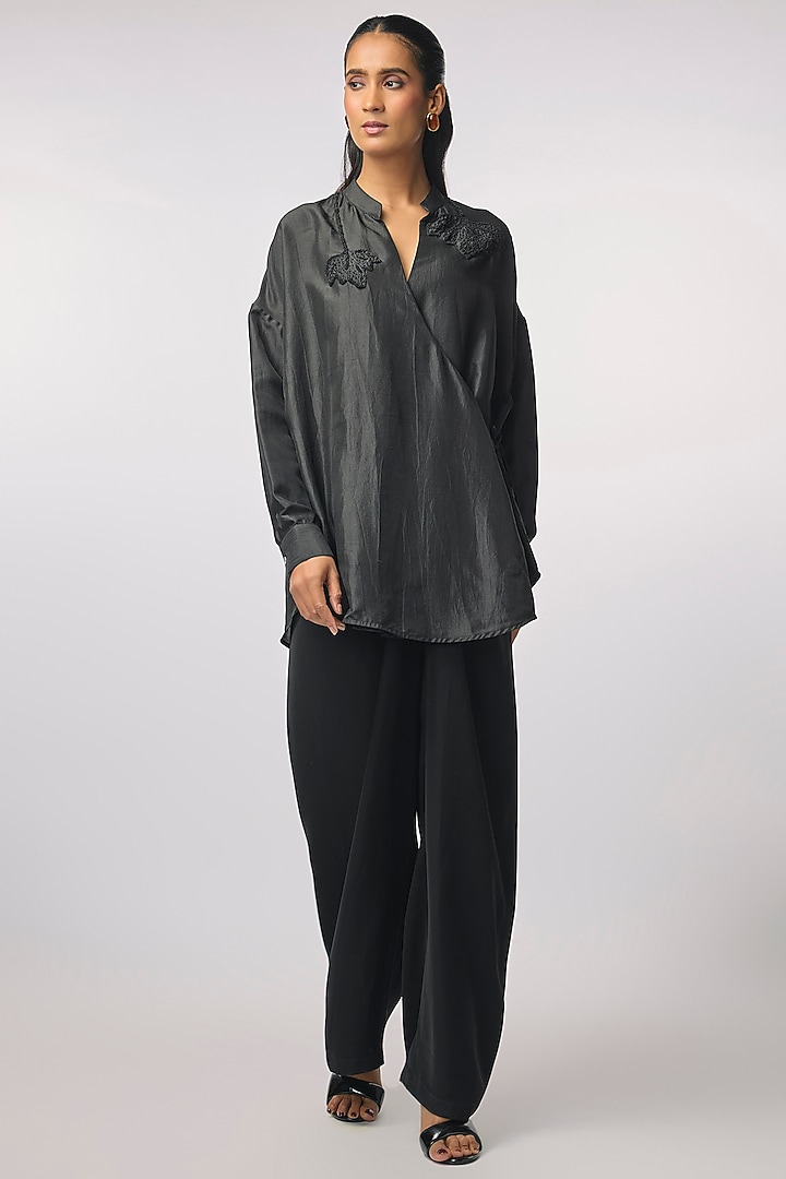 Black Silk Hand Embroidered Wrap-Style Shirt by 431-88 By Shweta Kapur at Pernia's Pop Up Shop