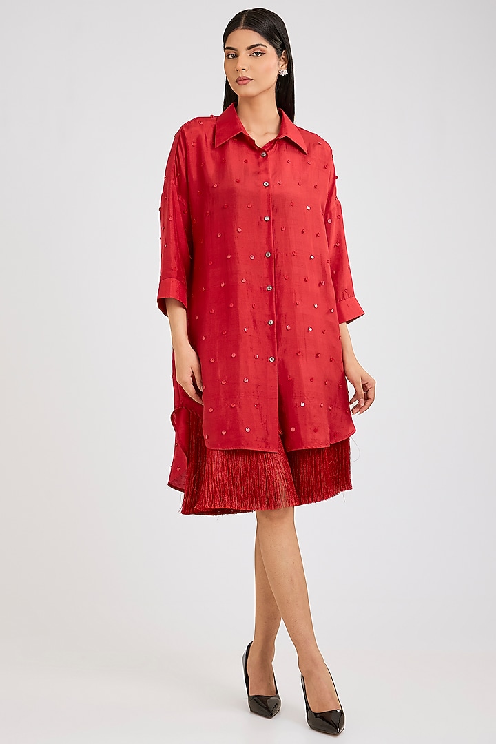 Red Silk Sequins Hand Embroidered Shirt by 431-88 By Shweta Kapur at Pernia's Pop Up Shop