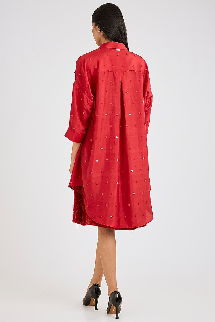 Red Silk Sequins Hand Embroidered Shirt by 431-88 By Shweta Kapur at Pernia's Pop Up Shop