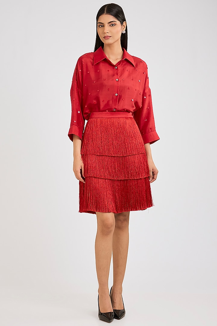 Red Silk Sequins Hand Embroidered Shirt by 431-88 By Shweta Kapur at Pernia's Pop Up Shop