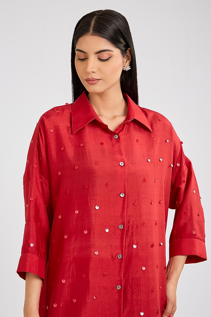 Red Silk Sequins Hand Embroidered Shirt by 431-88 By Shweta Kapur at Pernia's Pop Up Shop