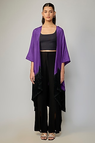 Purple & Black Silk Fringe Cape by 431-88 By Shweta Kapur