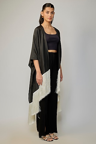 Black & White Silk Fringe Cape by 431-88 By Shweta Kapur