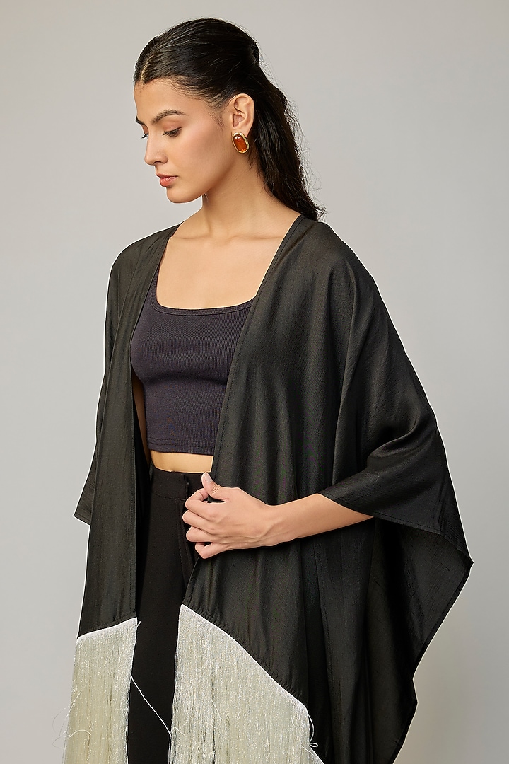 Black & White Silk Fringe Cape by 431-88 By Shweta Kapur at Pernia's Pop Up Shop