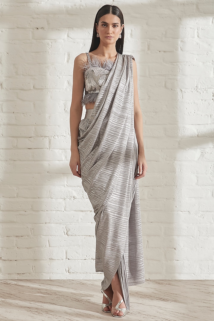 Silver Grey Metallic Saree With Grey Coral Bustier by 431-88 By Shweta Kapur