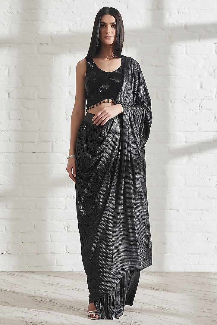 Charcoal Metallic Saree with Black Milkyway Crossover Drop-Top by 431-88 By Shweta Kapur
