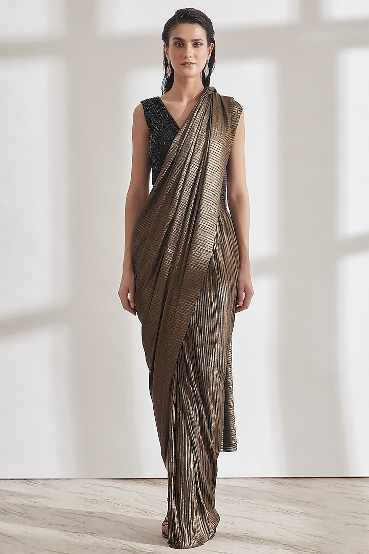 Dusty Gold Metallic 2.0 Wedding Saree With Black Masai Top by 431-88 By Shweta Kapur at Pernia's Pop Up Shop