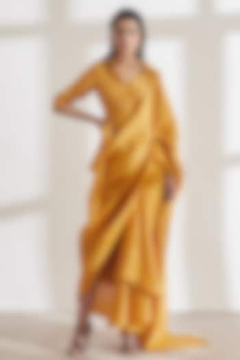 Ochre Yellow Pre-Draped Saree With Kim Shirt by 431-88 By Shweta Kapur