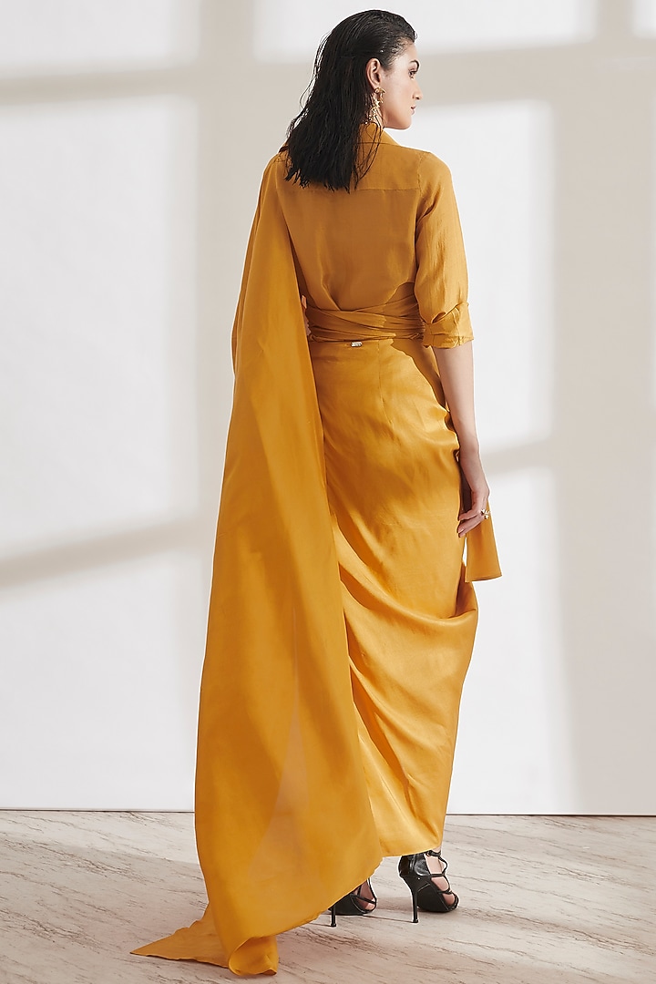 Ochre Yellow Pre-Draped Wedding Saree With Kim Shirt by 431-88 By Shweta Kapur at Pernia's Pop Up Shop