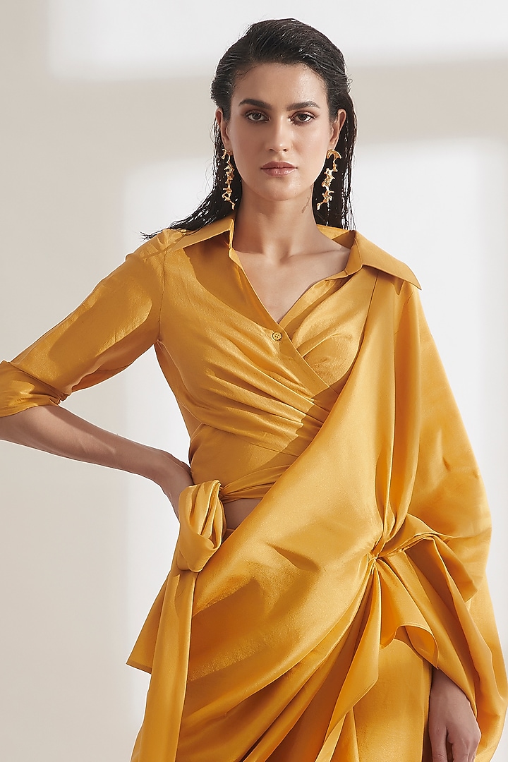 Ochre Yellow Pre-Draped Wedding Saree With Kim Shirt by 431-88 By Shweta Kapur at Pernia's Pop Up Shop
