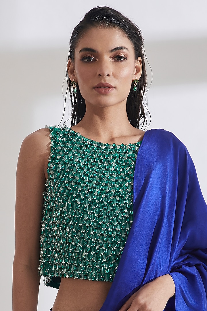 Electric Blue Pre-Draped Masai Godet Reception Saree With Chandelier Top by 431-88 By Shweta Kapur at Pernia's Pop Up Shop