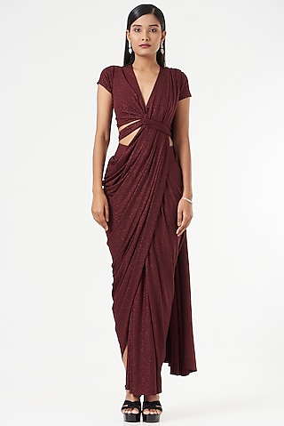 Maroon Shimmer Jersey Draped Saree by 431-88 By Shweta Kapur