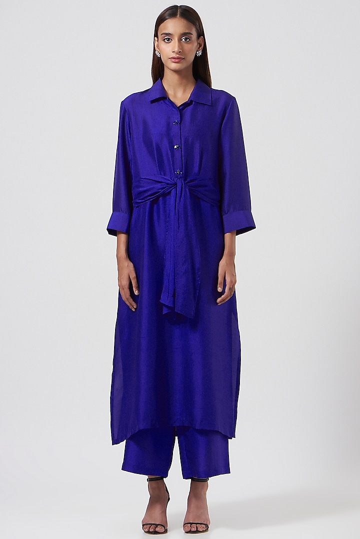 Navy Blue Dupion Silk Kurta Set by 431-88 By Shweta Kapur at Pernia's Pop Up Shop