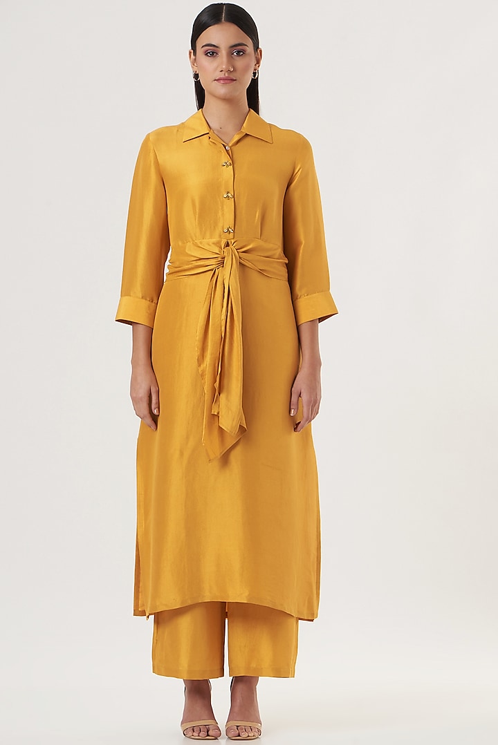 Mustard Yellow Dupion Silk Kurta Set by 431-88 By Shweta Kapur at Pernia's Pop Up Shop