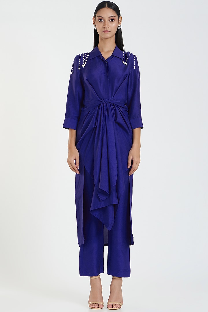 Electric Blue Dupion Silk Embellished Kurta Set by 431-88 By Shweta Kapur at Pernia's Pop Up Shop