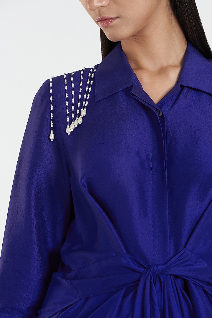 Electric Blue Dupion Silk Embellished Kurta Set by 431-88 By Shweta Kapur at Pernia's Pop Up Shop