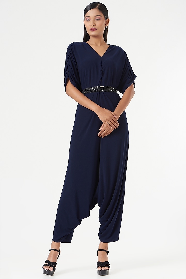 Navy Blue Shimmer Jersey Jumpsuit by 431-88 By Shweta Kapur